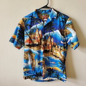 Aloha Moi Mens Hawaiian Surfboard Print Button Down Shirt Size Small